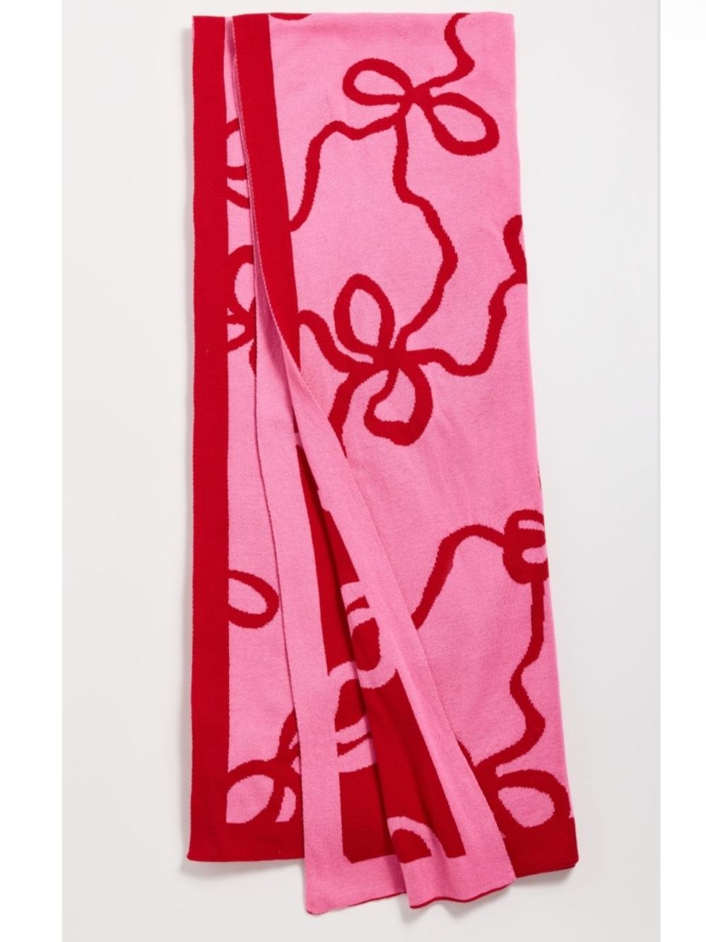 LoveShackFancy Holiday Jacquard Knit Reversible Bow Throw Blanket Crimson Candy